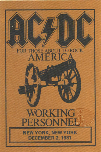AC/DC 1981 ABOUT TO ROCK Backstage Pass NYC