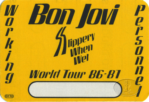 BON JOVI 1986-87 SLIPPERY BACKSTAGE PASS Crew yellow